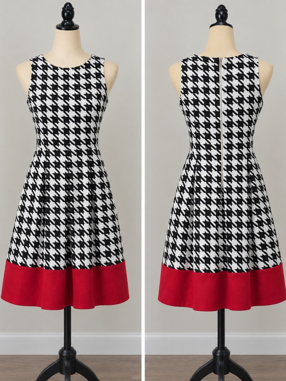 Houndstooth Fit-and-Flare Midi Dress with Red Hem